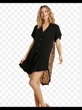 Umgee Red Shirt Dress with Leopard Side Panels